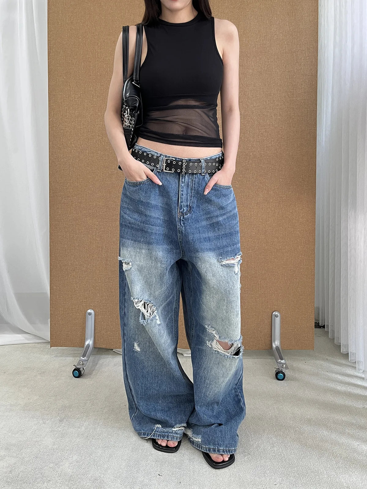 DEAT Fashion Washed Ripped Hole Vintage Straight Jeans Women's High Waist Long Wide Leg Blue Denim Pants Summer New