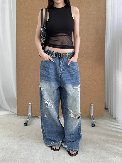 DEAT Fashion Washed Ripped Hole Vintage Straight Jeans Women's High Waist Long Wide Leg Blue Denim Pants Summer New