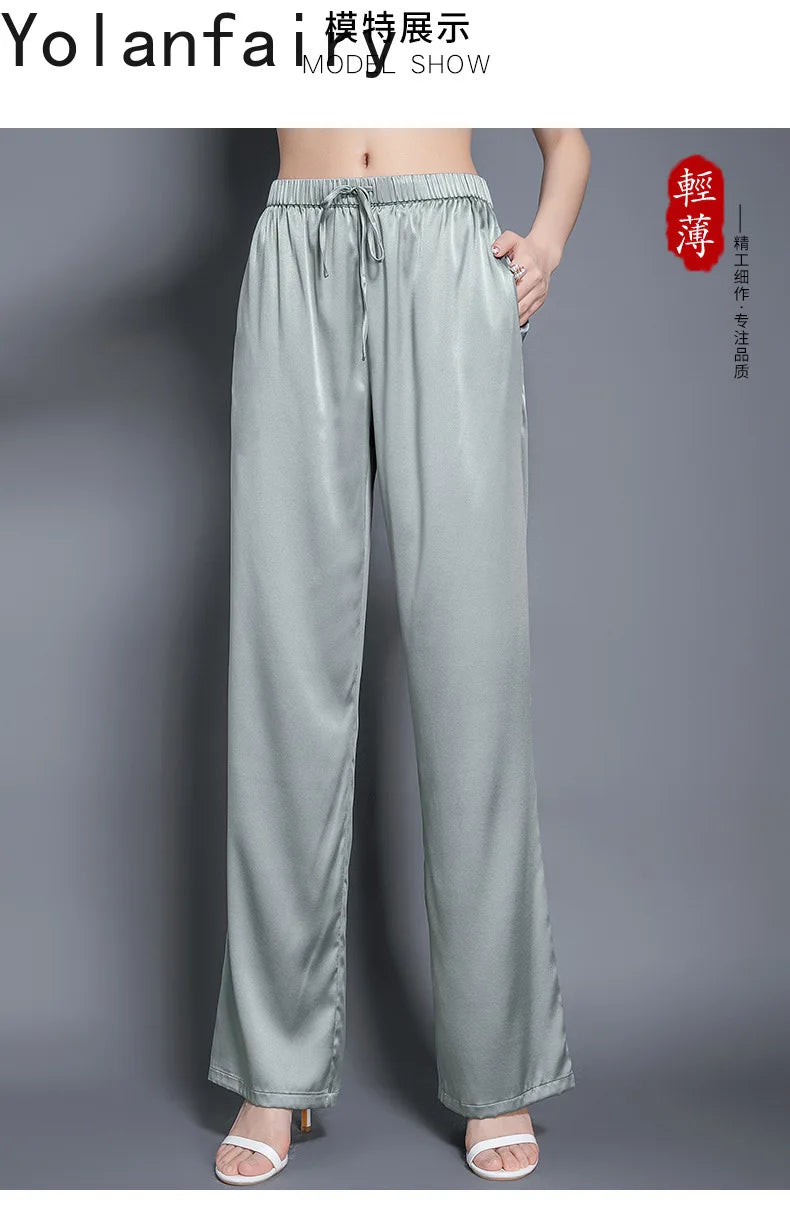 YOLANFAIRY Casual Wide Leg Pants Summer 95% Real Mulberry Silk Women's Pants Korean Loose Trousers Woman Silk Pants Full Length