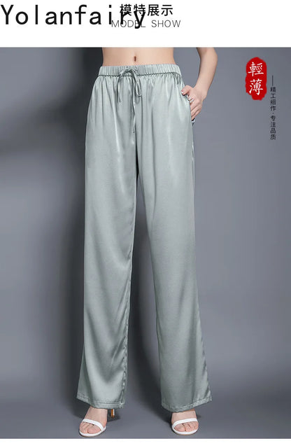 YOLANFAIRY Casual Wide Leg Pants Summer 95% Real Mulberry Silk Women's Pants Korean Loose Trousers Woman Silk Pants Full Length