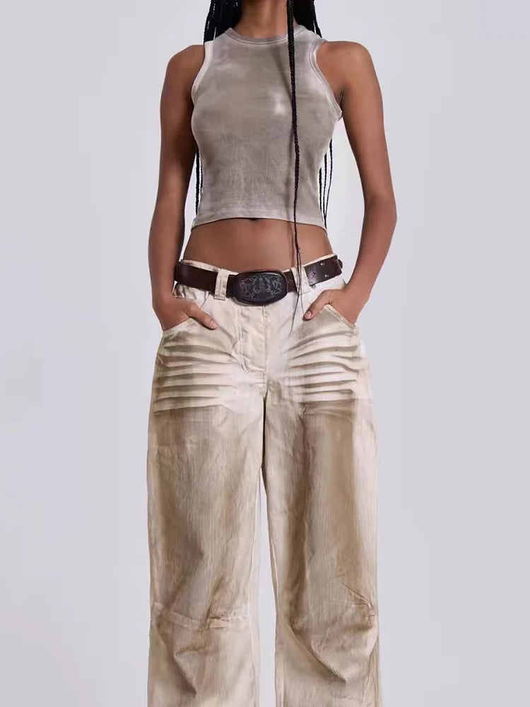 DEAT Fashion Dirty Dyed Jeans Women's High Waist Loose Straight Wide Leg Denim Pants Summer New 7A609