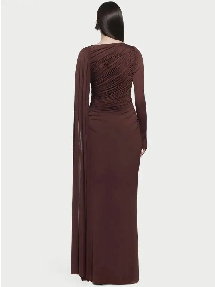 DEAT Fashion Brown Asymmetric Pleated Minimalist Dress Women's Round Neck Slim Fit Long Sleeves Ankle-length Dresses New
