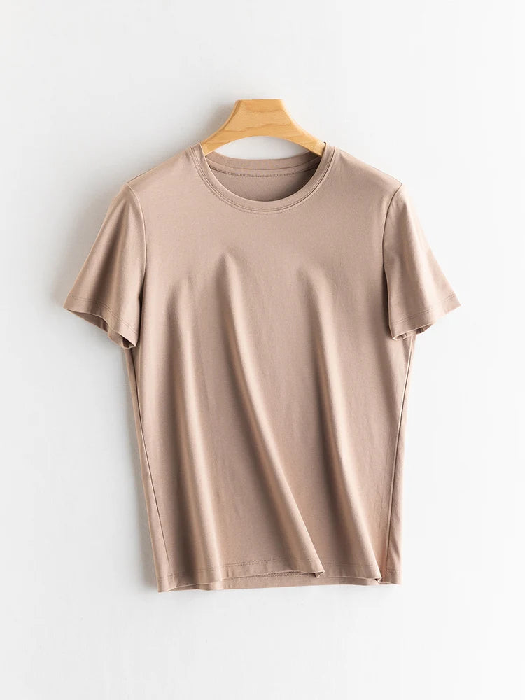 SuyaDream Women Solid T shirts, Silk Cotton Blend, O Neck, Short Sleeved Solid Tee,2025 Summer Candy Colors Basic Cozy Top Green