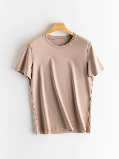 SuyaDream Women Solid T shirts, Silk Cotton Blend, O Neck, Short Sleeved Solid Tee,2025 Summer Candy Colors Basic Cozy Top Green