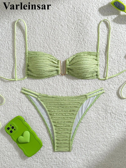 U Neck Wrinkled Crinkled Bikini Women Swimwear Female Swimsuit Two-pieces Bikini set High Cut Bather Bathing Suit Swim V5708B