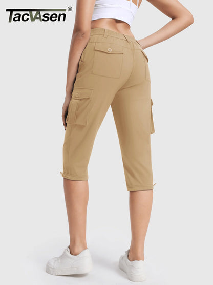 TACVASEN Summer Quick Dry Cargo Capri Pants Womens Outdoor Hiking Knee Length Joggers Lightweight Waterproof Shorts 6 Pockets