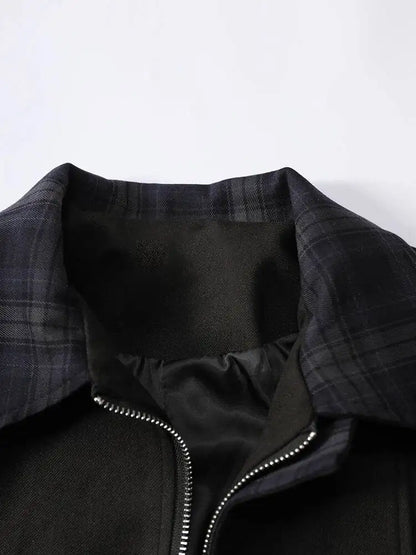 DEAT Fashion Cropped Bomber Jacket Women's Plaid Collar Loose Black Zipper Outerwear Short Coat Spring Autumn New