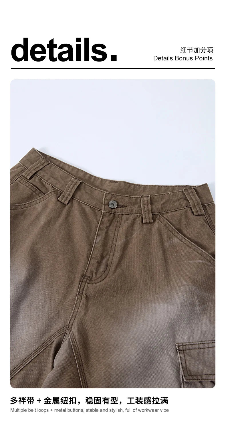 Custom LOGO men's 310G heavy 100% cotton summer American street multi-pocket retro washed old loose tooling seven-point shorts