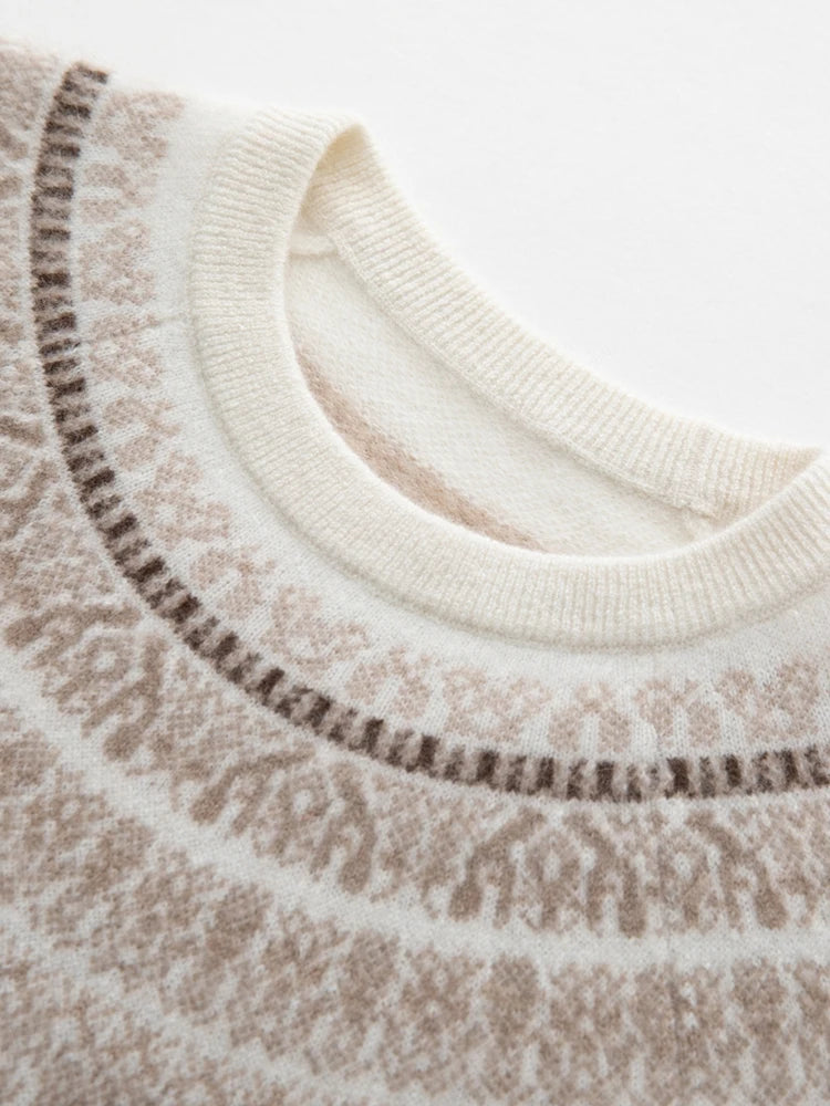 CHICUU Women Autumn Winter O-neck Vintage Style Pullover Sweater 100% Cashmere Knitwear Thick Warm Jacquard Knitting Sweater Top