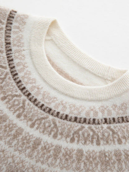 CHICUU Women Autumn Winter O-neck Vintage Style Pullover Sweater 100% Cashmere Knitwear Thick Warm Jacquard Knitting Sweater Top