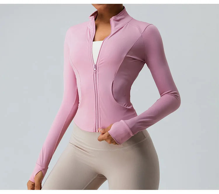 Gym Shirt Women's Full Zipper Yoga Top With Thumbholes Fitness Running Jacket Stretch Fit Long Sleeve Round Neck Top Sportswear