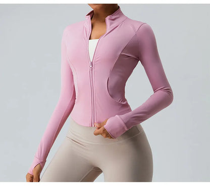 Gym Shirt Women's Full Zipper Yoga Top With Thumbholes Fitness Running Jacket Stretch Fit Long Sleeve Round Neck Top Sportswear