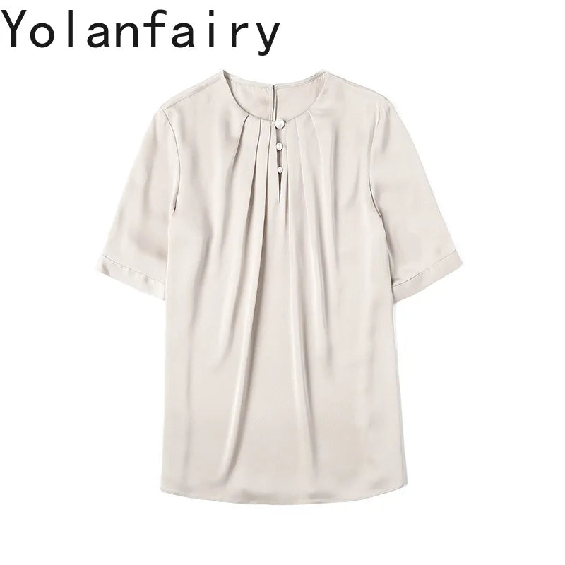 YOLANFAIRY 100% Natural Mulberry Silk T Shirts Woman Clothing 2026 Summer Loose Fashion T Shirt Elegant Womens Tops Short Sleeve