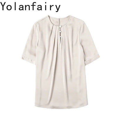 YOLANFAIRY 100% Natural Mulberry Silk T Shirts Woman Clothing 2026 Summer Loose Fashion T Shirt Elegant Womens Tops Short Sleeve