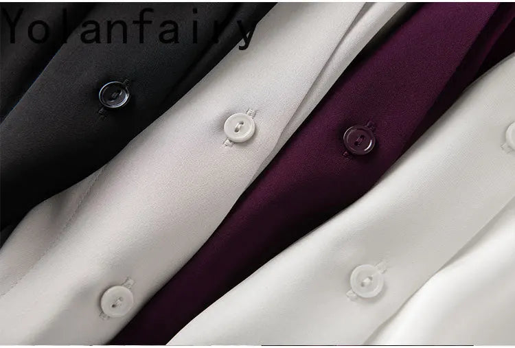 YOLANFAIRY 93% Real Mulberry Silk Shirts for Women Spring 2026 Elegant Solid Long Sleeve Shirt Woman Top Ribbon OL Blouses Trend
