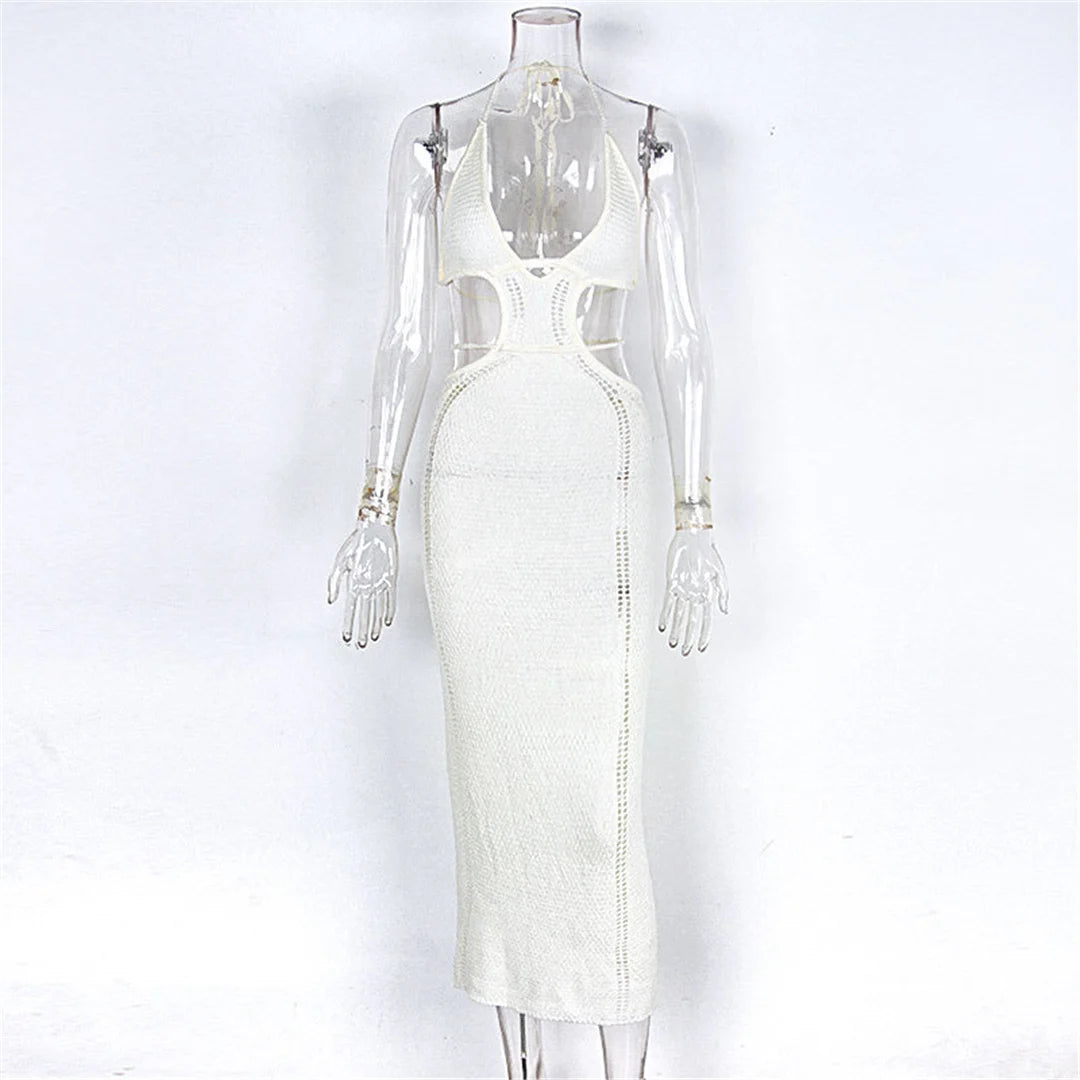 Sexy V Neck Halter Cut Out Dress Crochet Knitted Tunic Beach Cover Up Cover-ups Beach Dress Beachwear Female Women V4822B