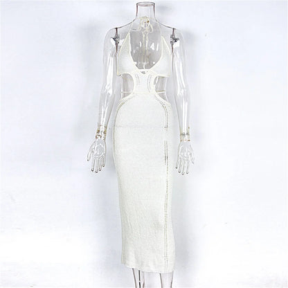 Sexy V Neck Halter Cut Out Dress Crochet Knitted Tunic Beach Cover Up Cover-ups Beach Dress Beachwear Female Women V4822B