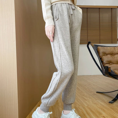 DjzDsm Women's Wool Pencil Pants Autumn Winter 100% Merino Wool Knitted Trousers Thick Soft Warm Pocket Casual Style Comfy Pants