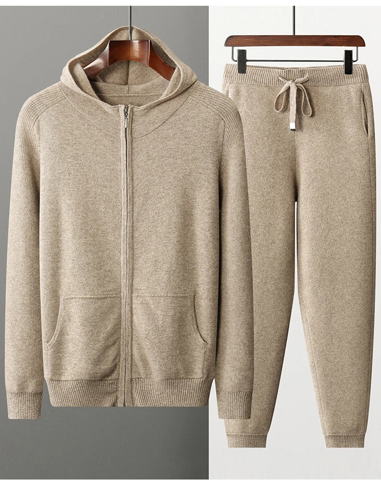 Autumn/Winter Men Sweater Suit Hooded Zipper Pullover Pants Thick Warm Casual Clothing 100% Cashmere Knitwear Trousers Tops