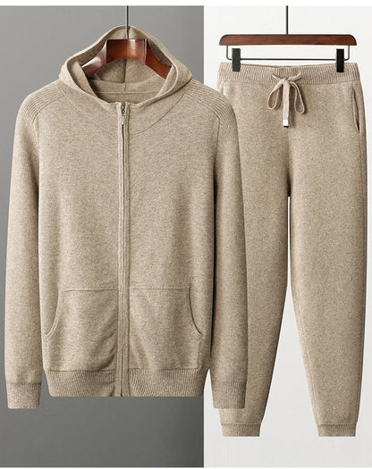 Autumn/Winter Men Sweater Suit Hooded Zipper Pullover Pants Thick Warm Casual Clothing 100% Cashmere Knitwear Trousers Tops