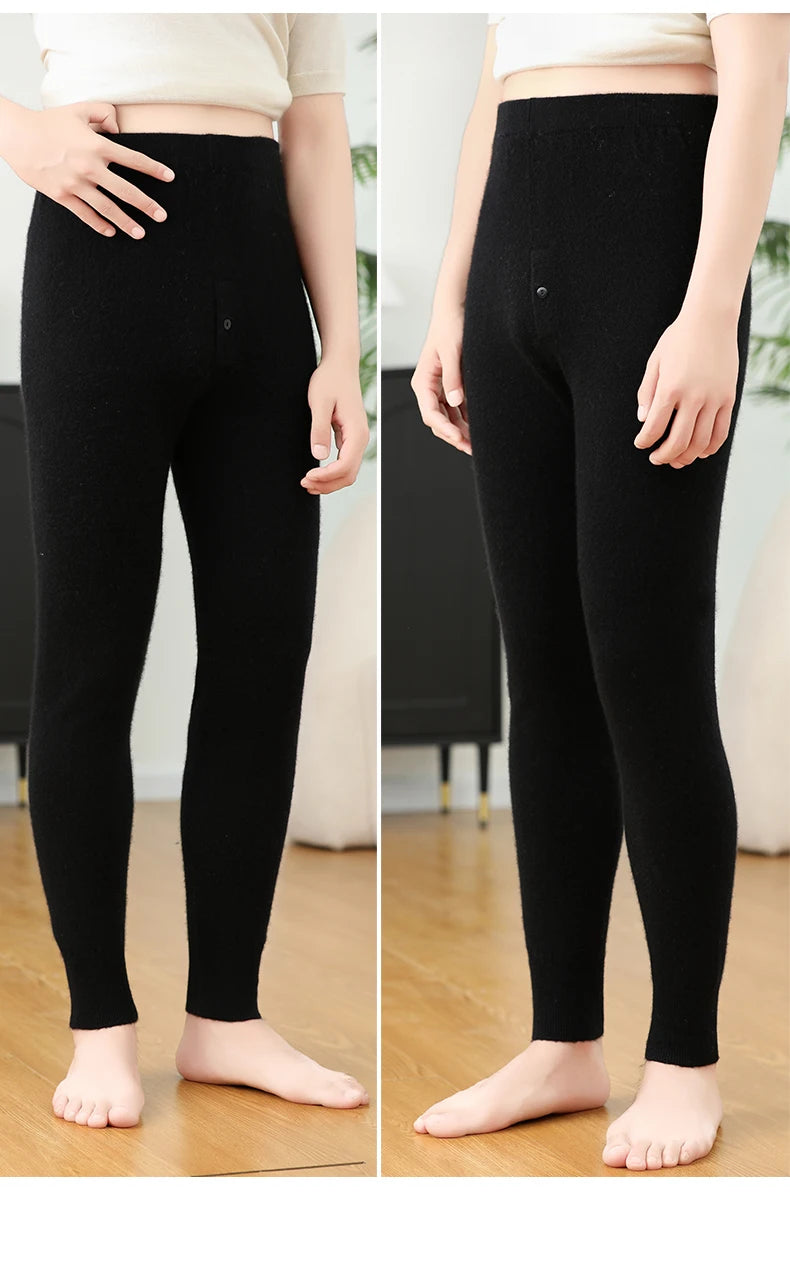100% Cashmere Knit Leggings Men Winter Wearing Thermal Underwear High Waist Trousers Solid Thicken Elasticity Ankle-Length Pants