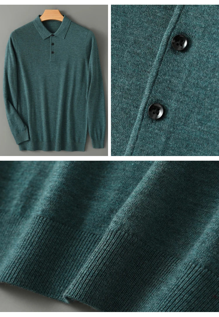 Men's Merino Wool Sweater Polo Collar Pullover Autumn Winter New Cashmere Knitwear Casual Loose Men's Shirts Tops Warm Soft