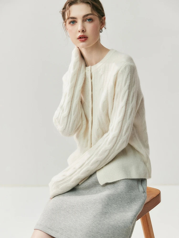 CHICUU Women's O-neck Cashmere Cardigan 100% Cashmere Sweater Cable Knit Preppy Style Cardigan Coat Autumn Winter Clothes Tops