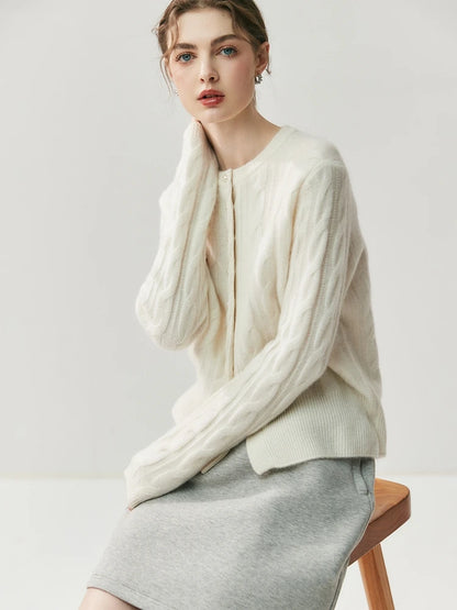 CHICUU Women's O-neck Cashmere Cardigan 100% Cashmere Sweater Cable Knit Preppy Style Cardigan Coat Autumn Winter Clothes Tops