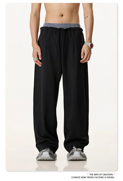 Custom LOGO Men's 2025 Summer 280G American Neutral Wind Splicing Double Waist Wide Leg Pants Sports Straight Couple Sweatpants
