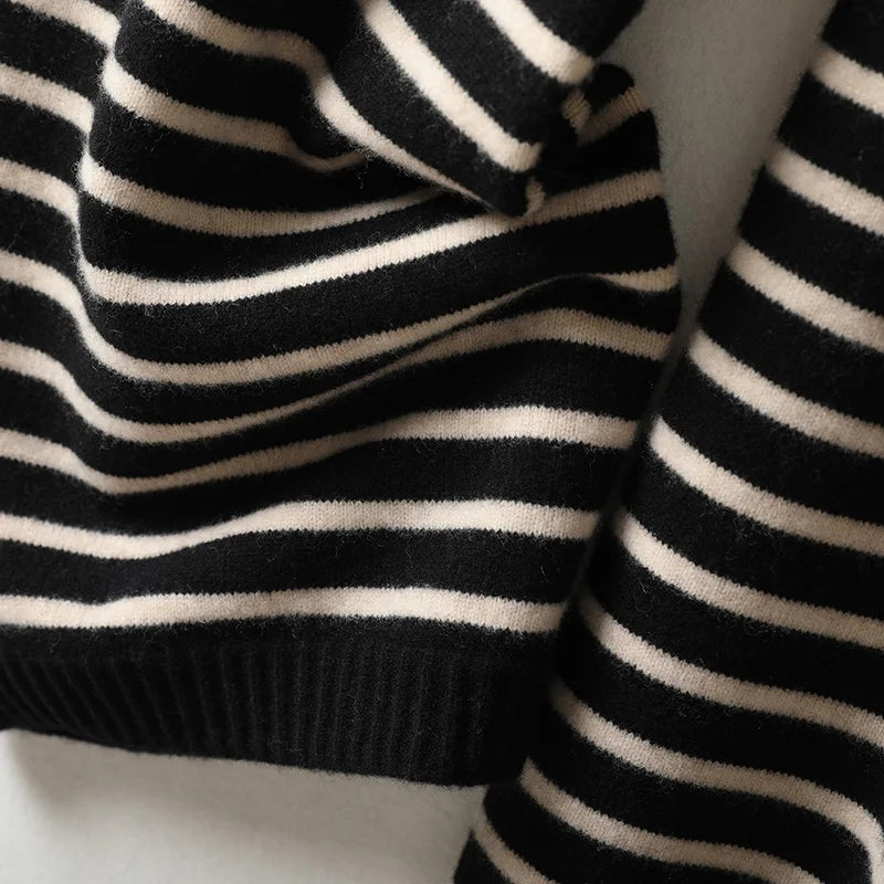 Women's Spring and Autumn 100% Merino Wool 90 Count Knitted Striped Wide Leg Pants