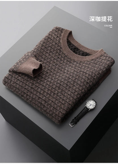 Men's Jacquard Striped 100% Pure Cashmere Pullover Sweater Autumn and Winter Thick base Sweater Casual Warm Clothing Men's Tops