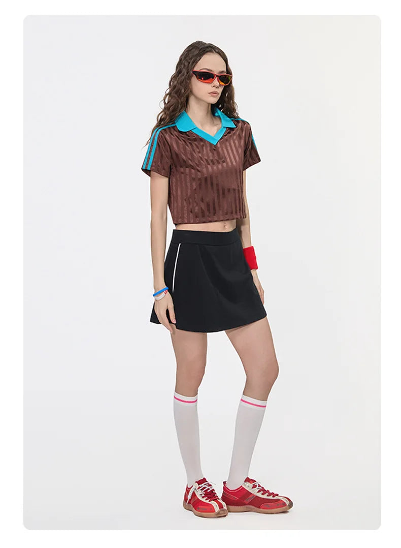 Customized LOGO Women's Spice Girls V-Neck Football Sports T-Shirt Patch Striped Casual Retro Short Sleeve Top
