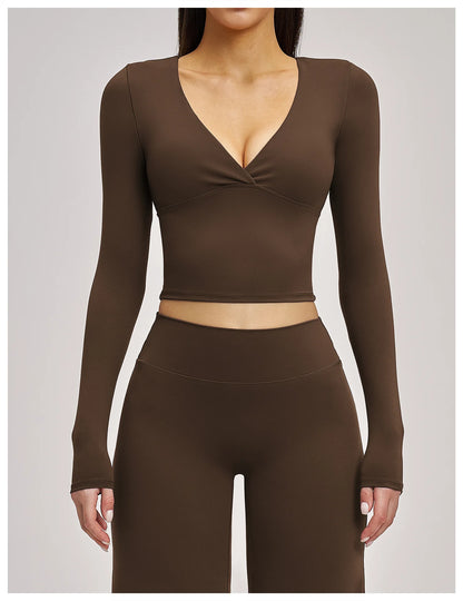 Deep-V Yoga Long Sleeve Solid Sports T-shirts Women's Gym Workout Shirts Sexy Quick Dry Fitness Long Sleeve Female Yoga Shirts