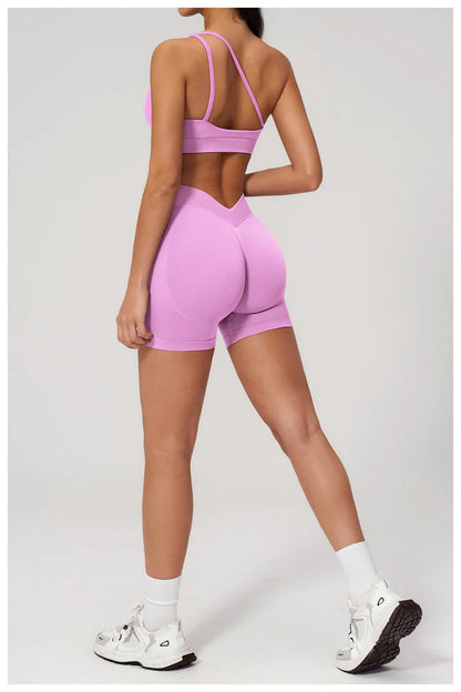 TRY TO BN Seamless Two Pieces Women's Tracksuit Yoga Shorts Set One-shoulder Hollow Backless Fitness Running Workout Gym Clothes