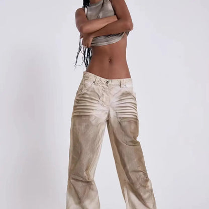 DEAT Fashion Dirty Dyed Jeans Women's High Waist Loose Straight Wide Leg Denim Pants Summer New 7A609