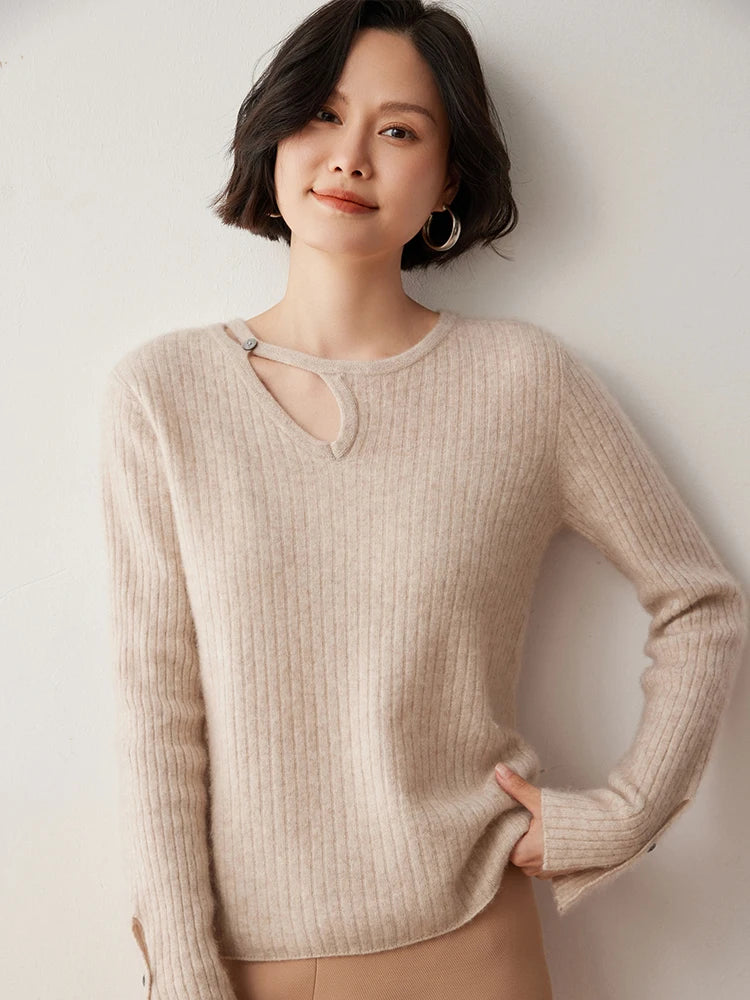 CHICUU Women's 100% Cashmere Knit Pullover Sweater Cut Out Collar Long Sleeve Pullover Autumn Winter Basic Cashmere Knitwear Top