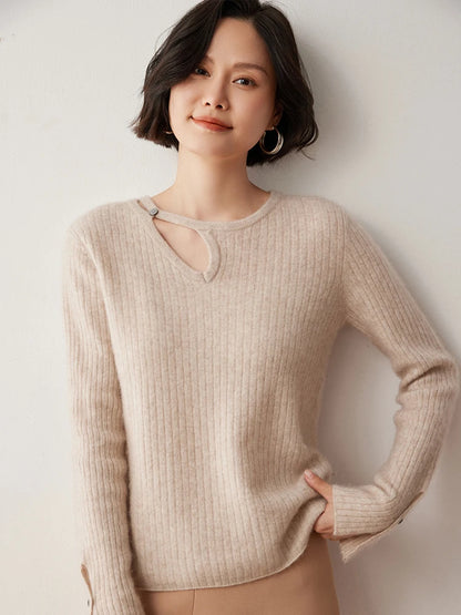 CHICUU Women's 100% Cashmere Knit Pullover Sweater Cut Out Collar Long Sleeve Pullover Autumn Winter Basic Cashmere Knitwear Top