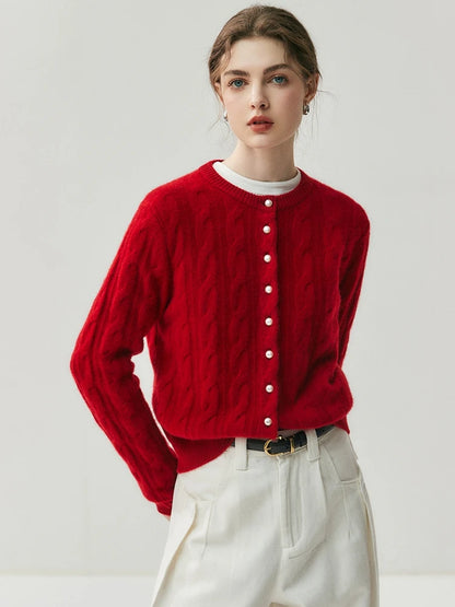 CHICUU Women's O-neck Cashmere Cardigan 100% Cashmere Sweater Cable Knit Preppy Style Cardigan Coat Autumn Winter Clothes Tops