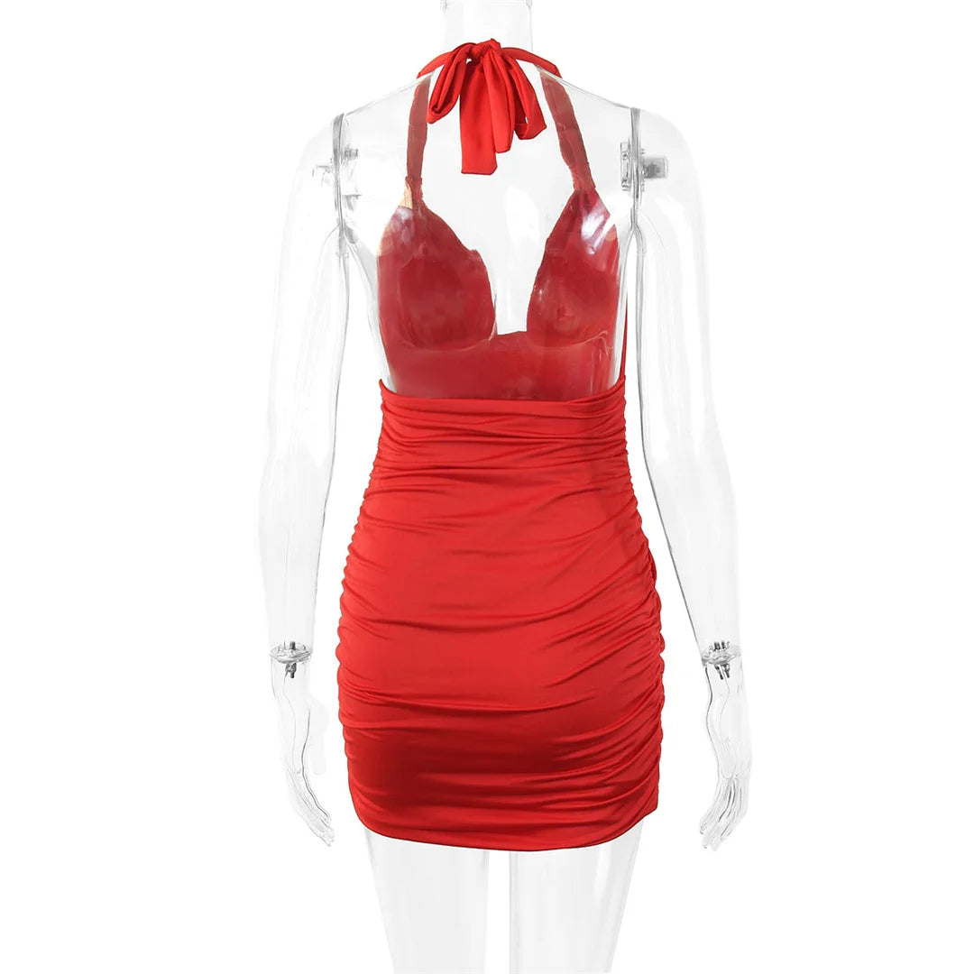 Sexy Deep V  Ruffle Halter Dress 2026 Summer Wrinkled Short Evening Party Dress For Women Tight Club Mini Dress Clubwear VD043