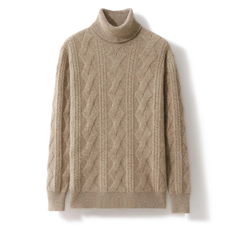 100% Merino Wool Solid Color Turtleneck Cable-Knit Sweater Long Sleeves Pullover Cashmere Men Soft Comfortable Warm Clothing Top