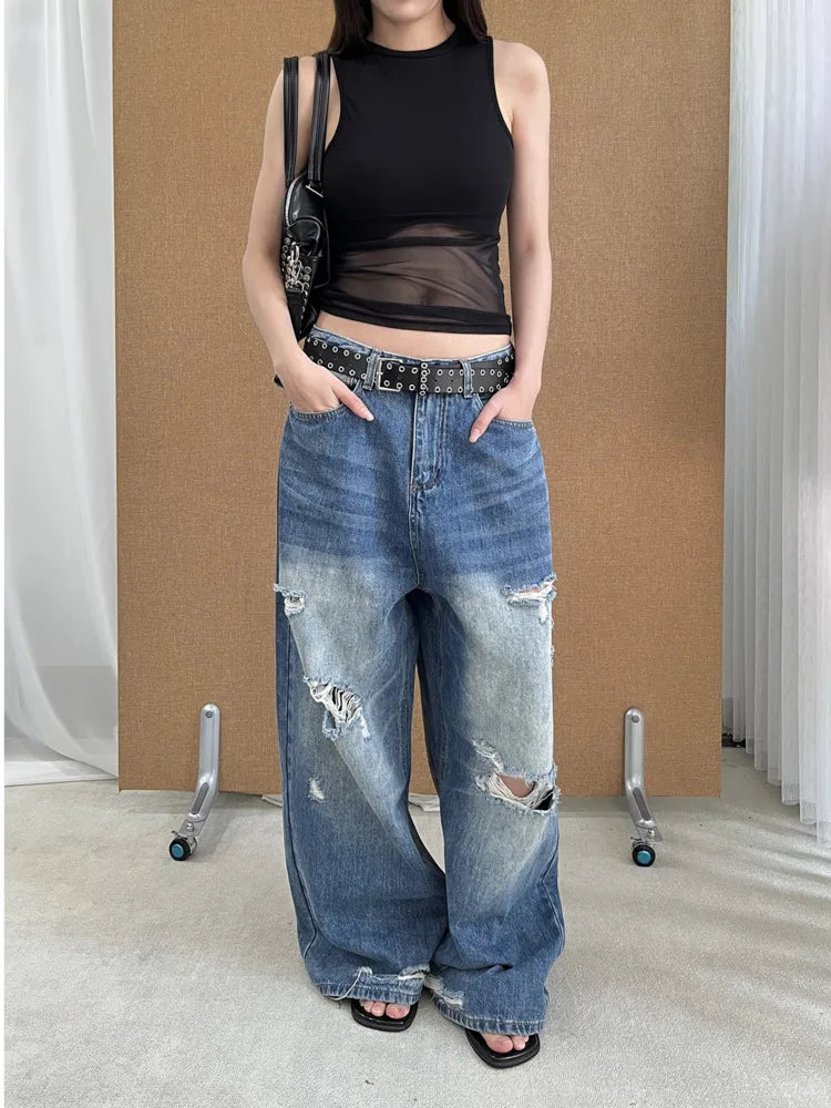 DEAT Fashion Washed Ripped Hole Vintage Straight Jeans Women's High Waist Long Wide Leg Blue Denim Pants Summer New
