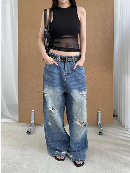DEAT Fashion Washed Ripped Hole Vintage Straight Jeans Women's High Waist Long Wide Leg Blue Denim Pants Summer New