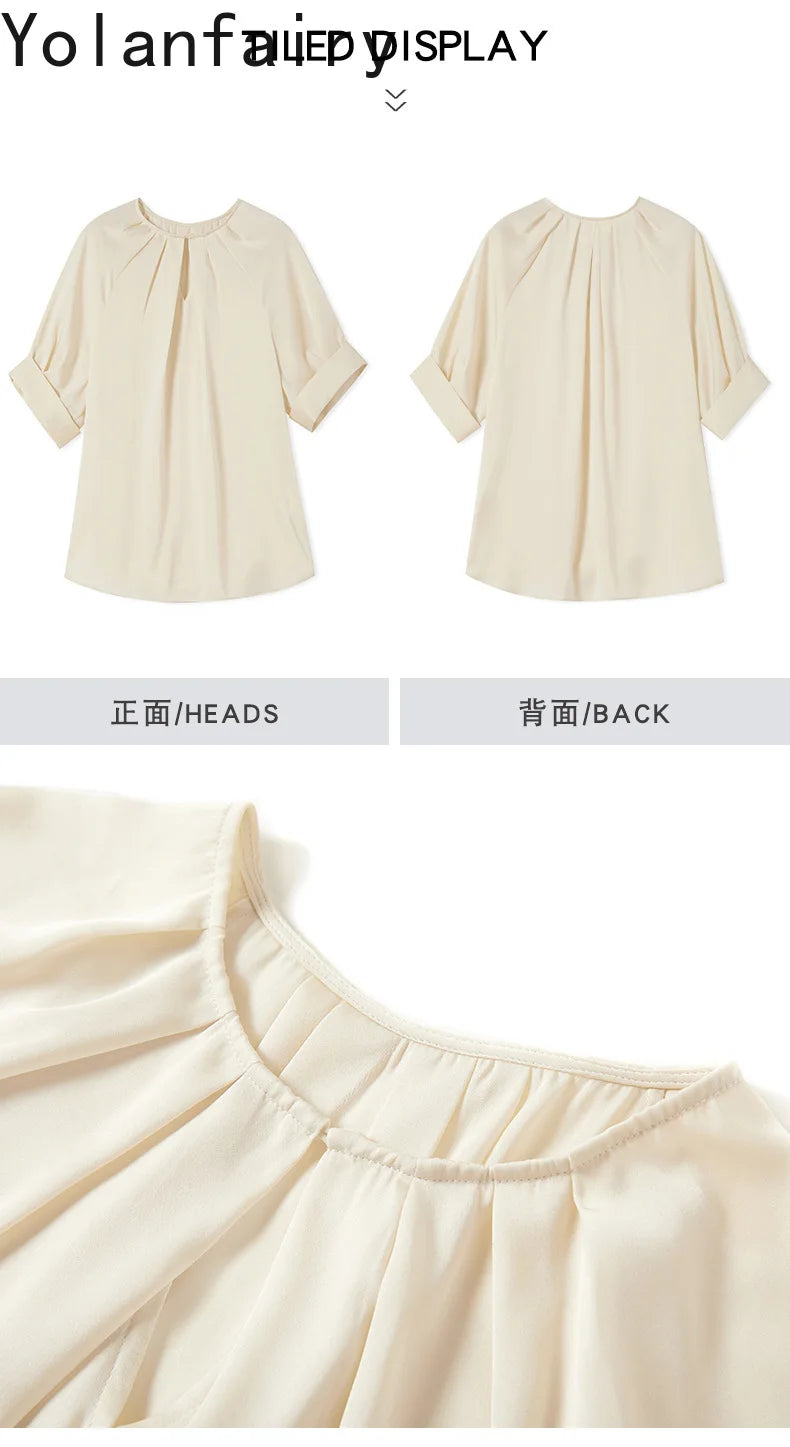 YOLANFAIRY 100% Real Mulberry Silk T Shirts for Women Summer 2026 Short Sleeve Tops O-neck Elegant Blouse Woman Tee Shirt Femme