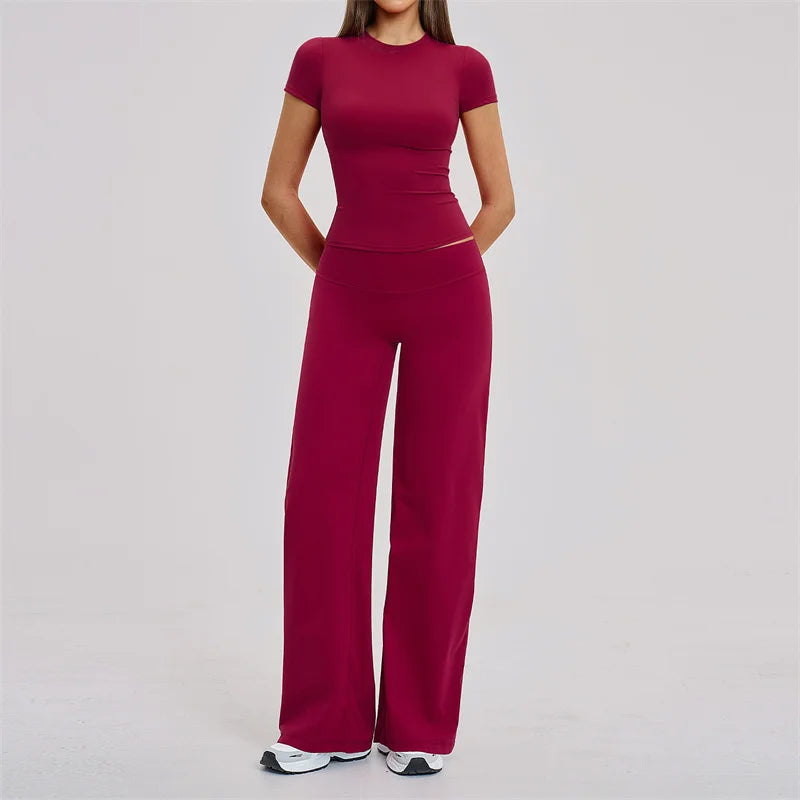 TRY TO BN Women's Tracksuit Two Pieces Yoga Sets Short Sleeve High Waist Leggings Fitness Sportwear Workout Running Gym Clothing