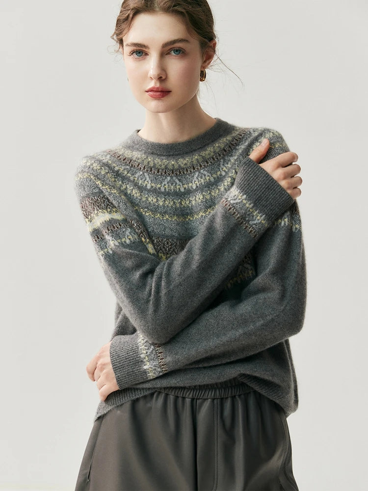 CHICUU Women Autumn Winter O-neck Vintage Style Pullover Sweater 100% Cashmere Knitwear Thick Warm Jacquard Knitting Sweater Top