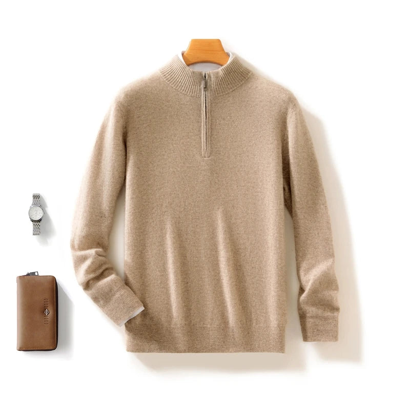 High-end 100% Cashmere Pullover for Men Mock Collar Thick Sweater Autumn Winter Knitted Jumper Warm Clothing Smart Casual Top