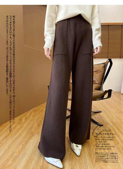 DjzDsm Women's Autumn Spring Knitted Floor-Length Wide Leg Pants 100% Merino Wool Long Trousers