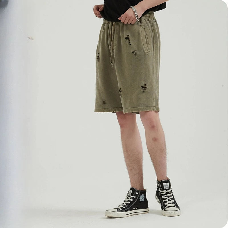 Customized LOGO Men's Heavy 100% Cotton High Street Wind Wash Old Loose Cut Couple Retro Shorts