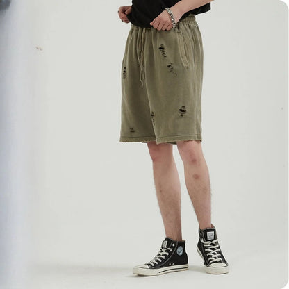 Customized LOGO Men's Heavy 100% Cotton High Street Wind Wash Old Loose Cut Couple Retro Shorts