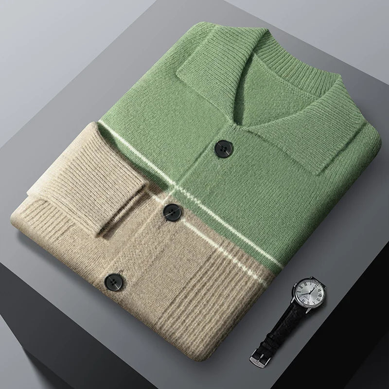 100% Merino Wool Men's Lapel Collar Knit Cardigan Coat 2025 Spring/ Autumn New POLO Neck Business Casual Cashmere Jacket Sweater